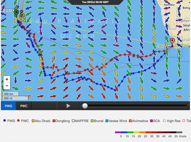The different course predictions for Team Brunel and Team Vestas Wind - with the Race leader shown in the fainter line - Leg 1, Day 16 Volvo Ocean Race. © PredictWind http://www.predictwind.com
